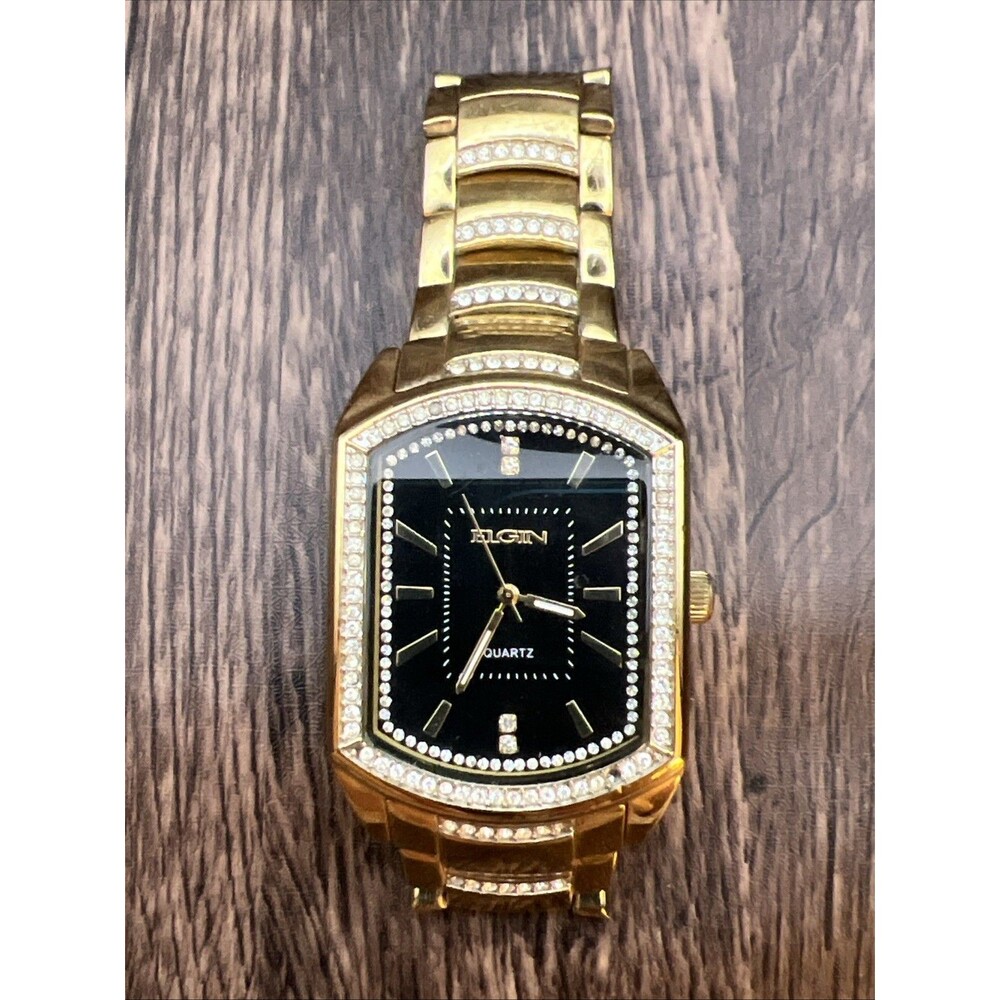 Mens Gold Tone Bling Iced CZ Elgin Rectangle Dress Analog Watch New Battery